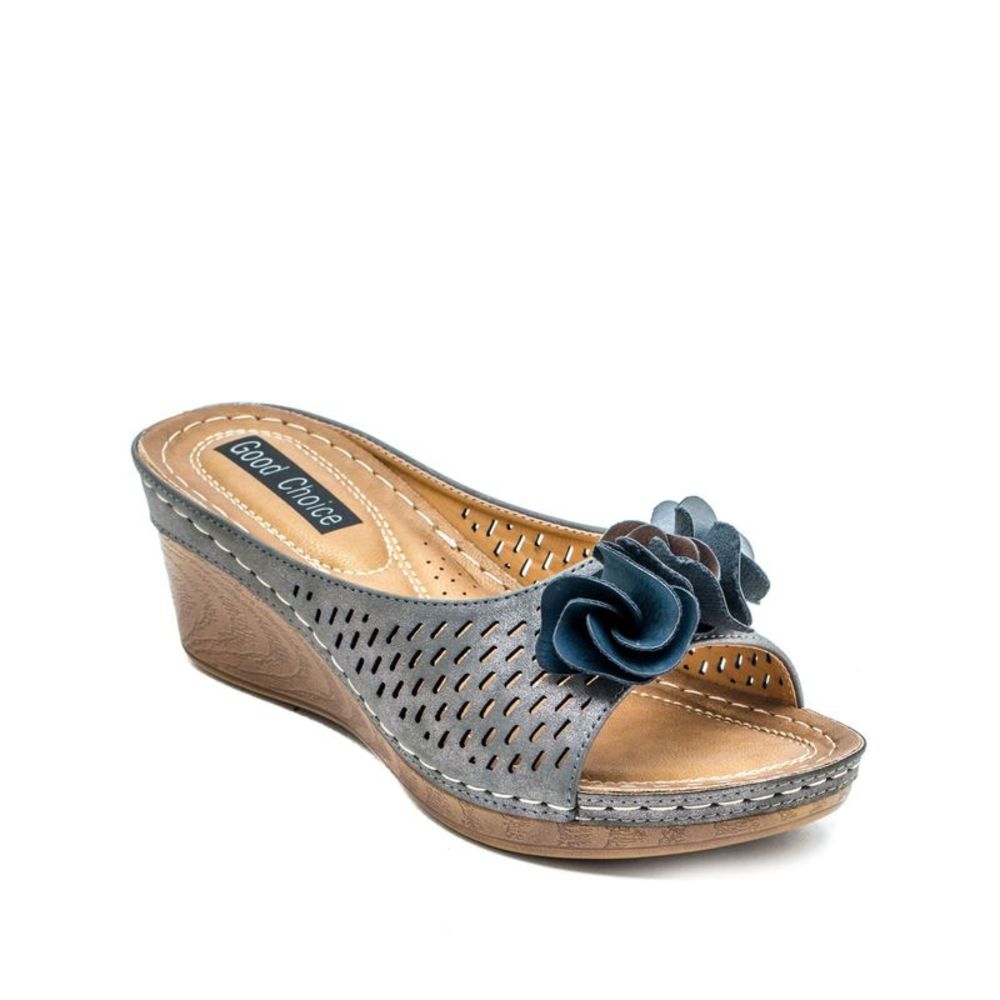 GOOD CHOICE Womens Navy Flower 1" Platform Juliet Wedge Slip On Sandals 8.5